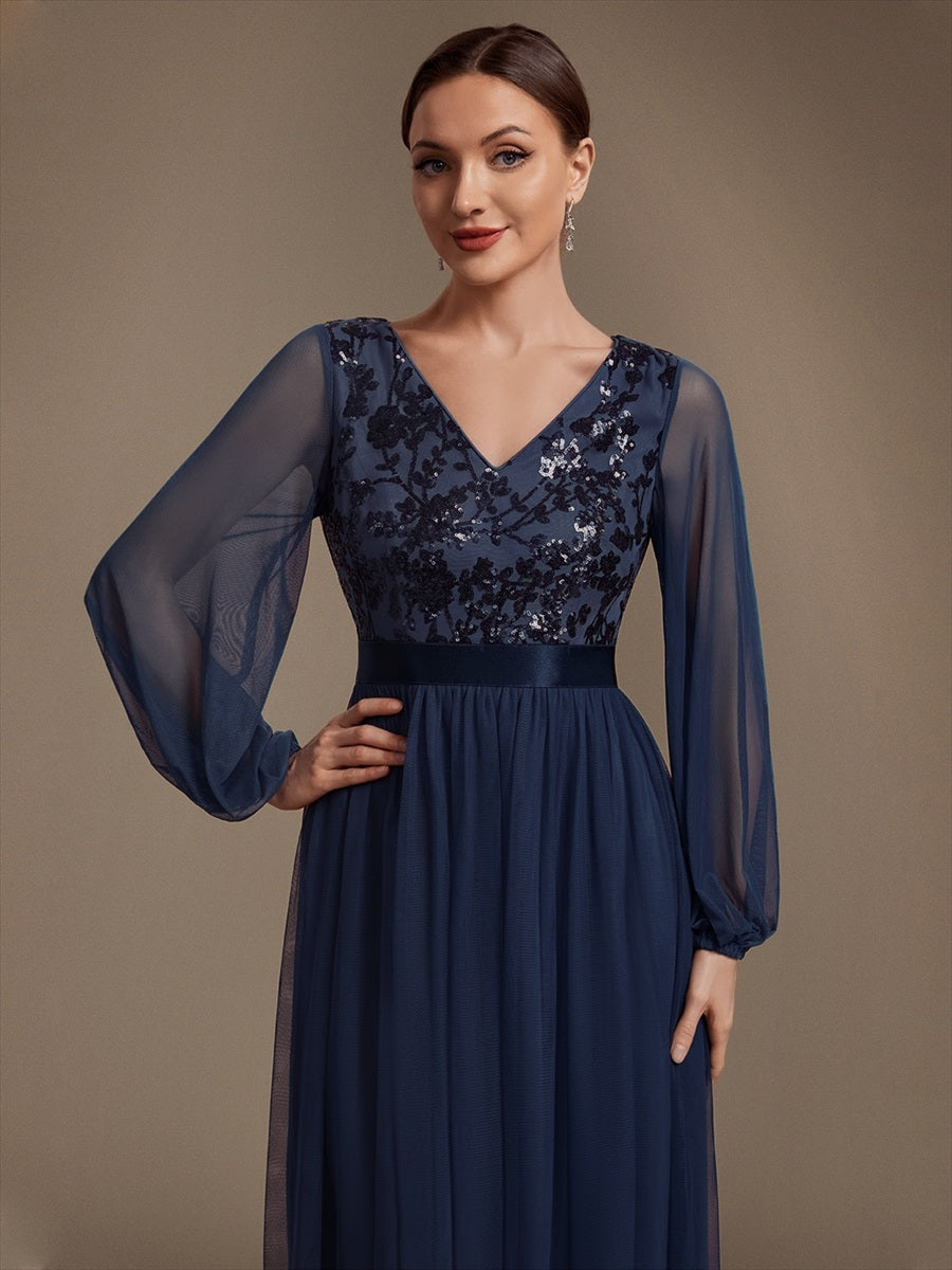 Sequin Puff Long Sleeve Evening Dress #color_Navy Blue