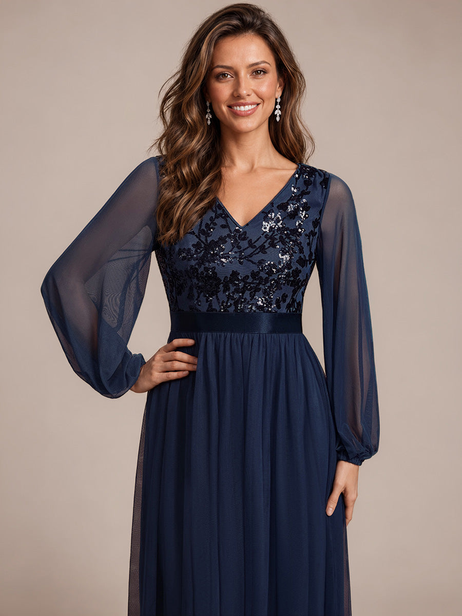 Sequin Puff Long Sleeve Evening Dress #color_Navy Blue