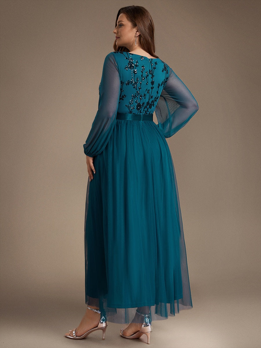 Sequin Puff Long Sleeve Evening Dress #color_Teal