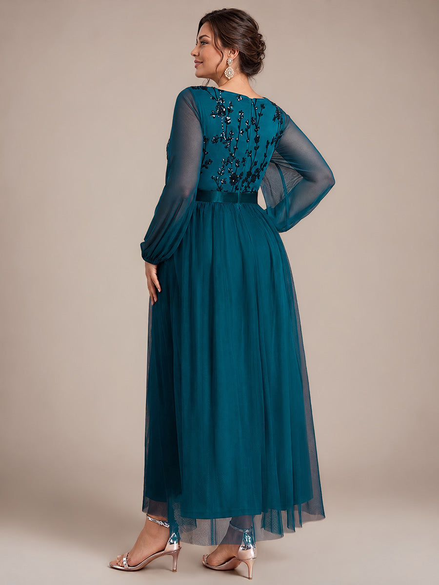 Sequin Puff Long Sleeve Evening Dress #color_Teal