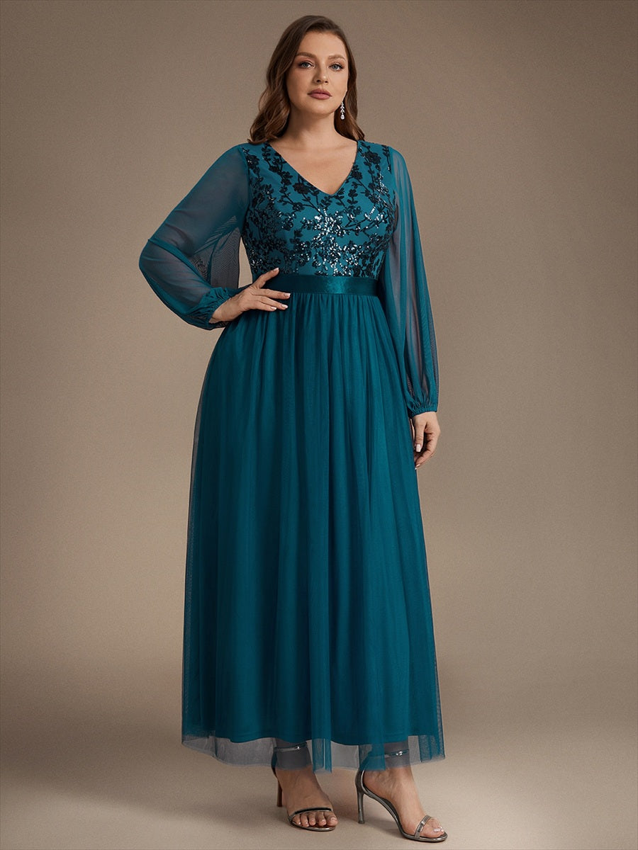 Sequin Puff Long Sleeve Evening Dress #color_Teal