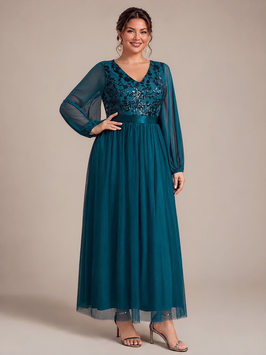 Sequin Puff Long Sleeve Evening Dress #color_Teal