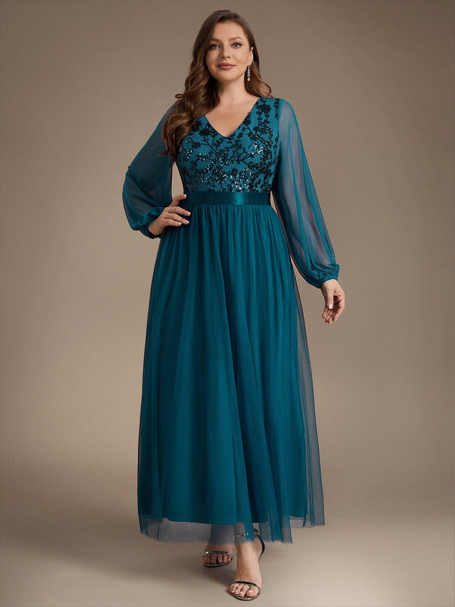 Sequin Puff Long Sleeve Evening Dress #color_Teal