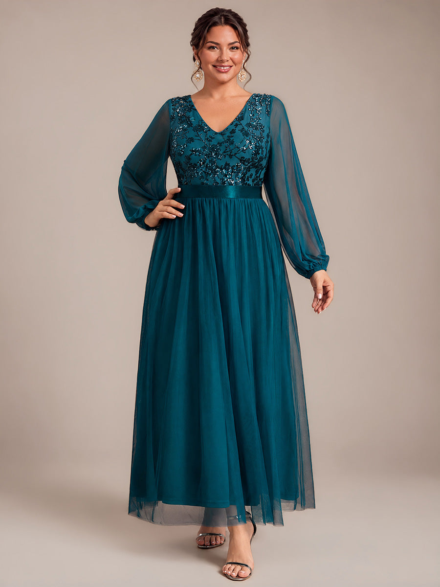 Plus Size Sequin Puff Long Sleeve Evening Dress #color_Teal