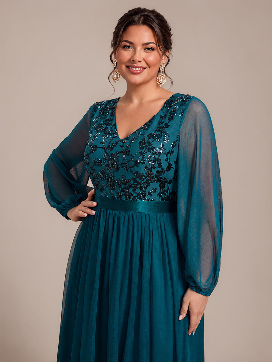 Plus Size Sequin Puff Long Sleeve Evening Dress #color_TE