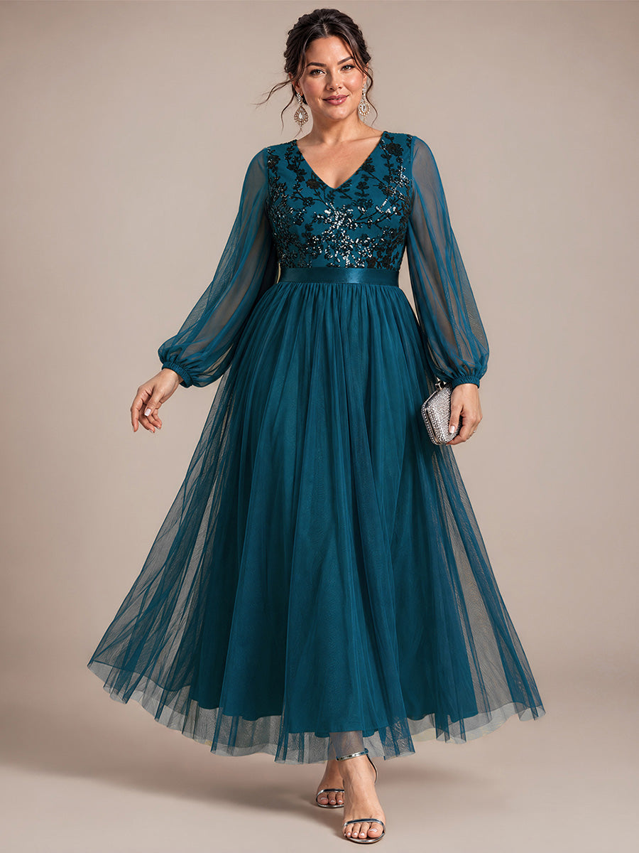 Plus Size Sequin Puff Long Sleeve Evening Dress #color_Teal