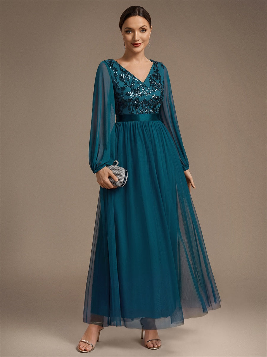 Sequin Puff Long Sleeve Evening Dress #color_Teal