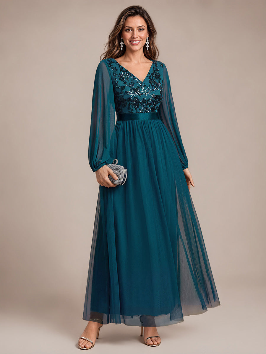 Sequin Puff Long Sleeve Evening Dress #color_Teal