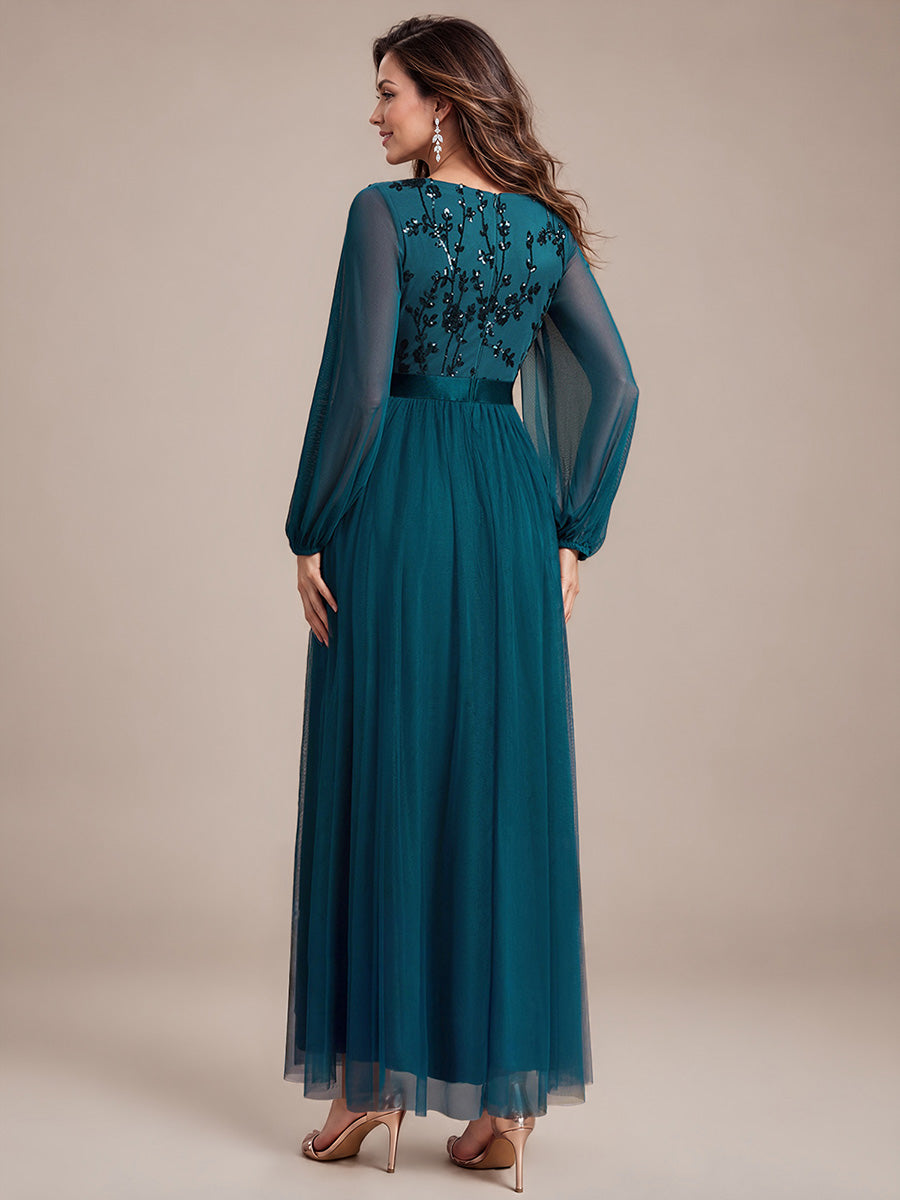 Sequin Puff Long Sleeve Evening Dress #color_Teal