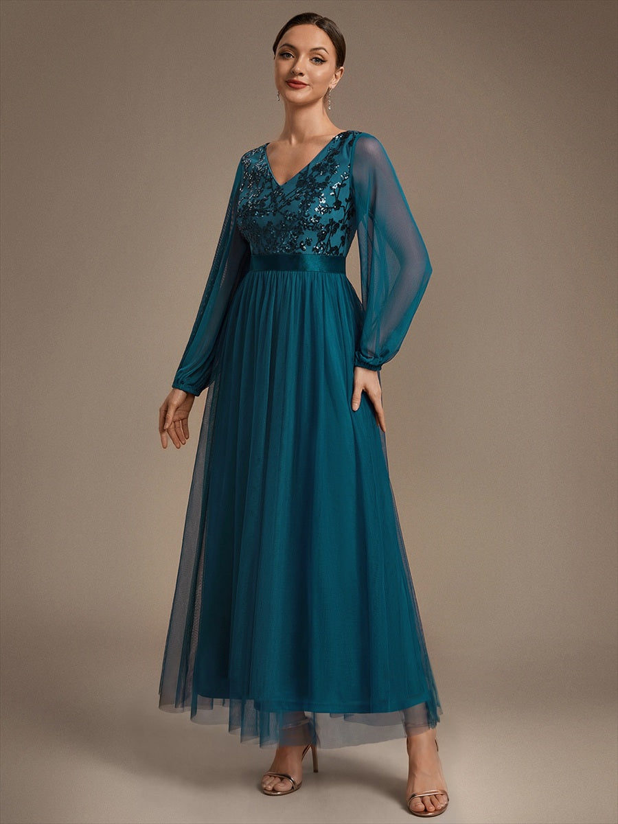 Sequin Puff Long Sleeve Evening Dress #color_Teal