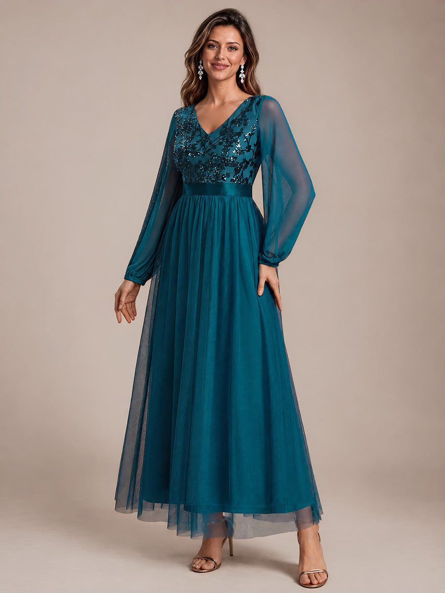 Sequin Puff Long Sleeve Evening Dress #color_Teal