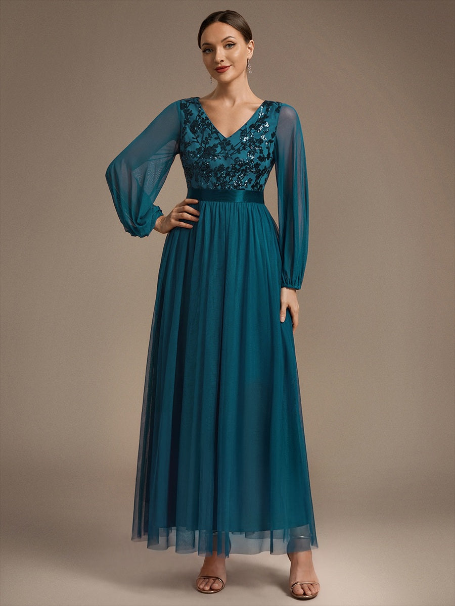 Sequin Puff Long Sleeve Evening Dress #color_Teal
