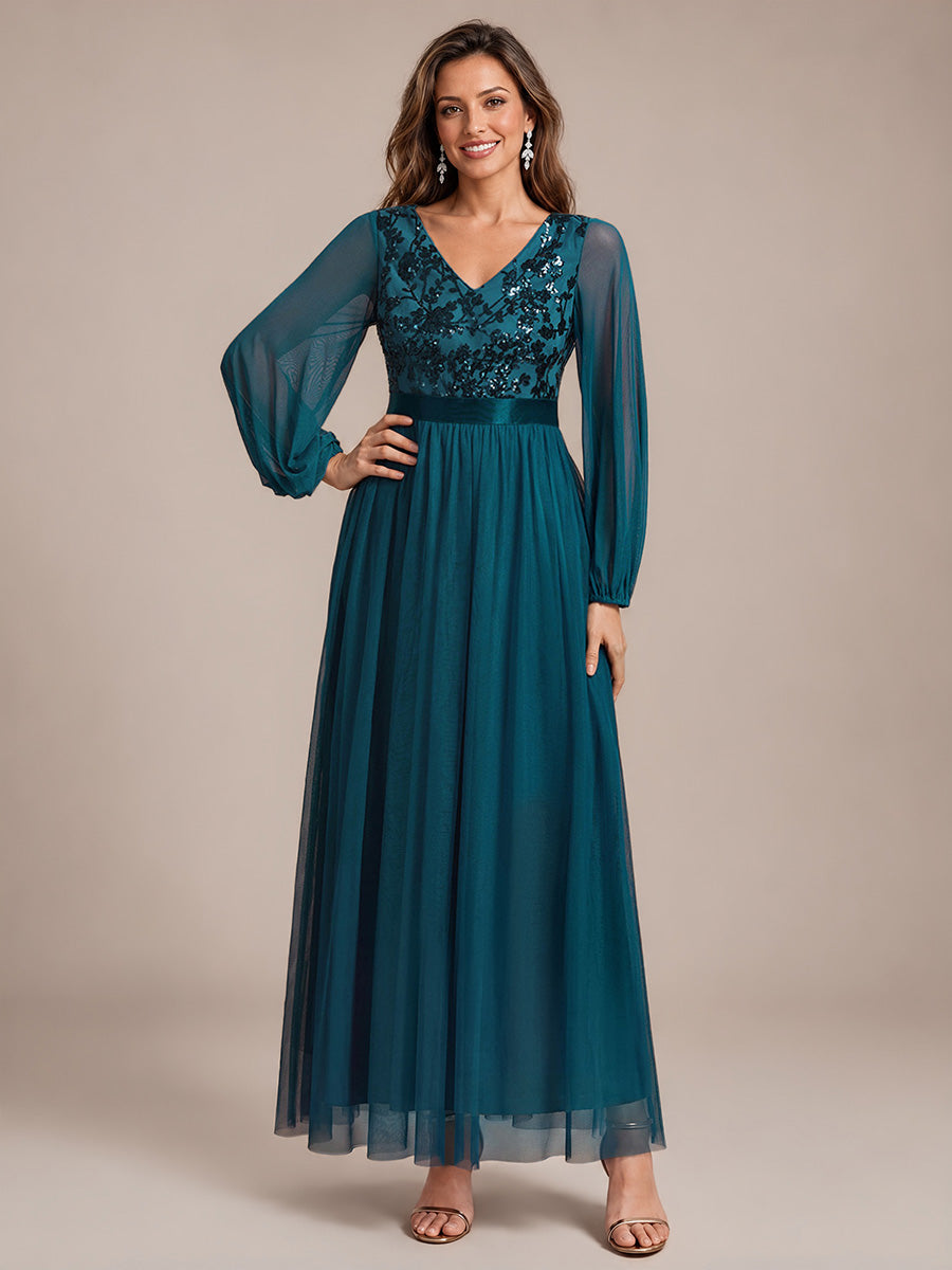 Sequin Puff Long Sleeve Evening Dress #color_Teal