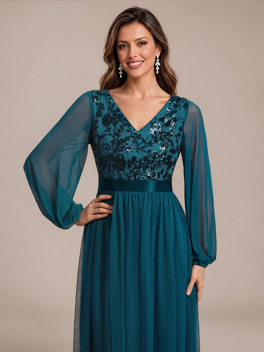 Sequin Puff Long Sleeve Evening Dress #color_Teal