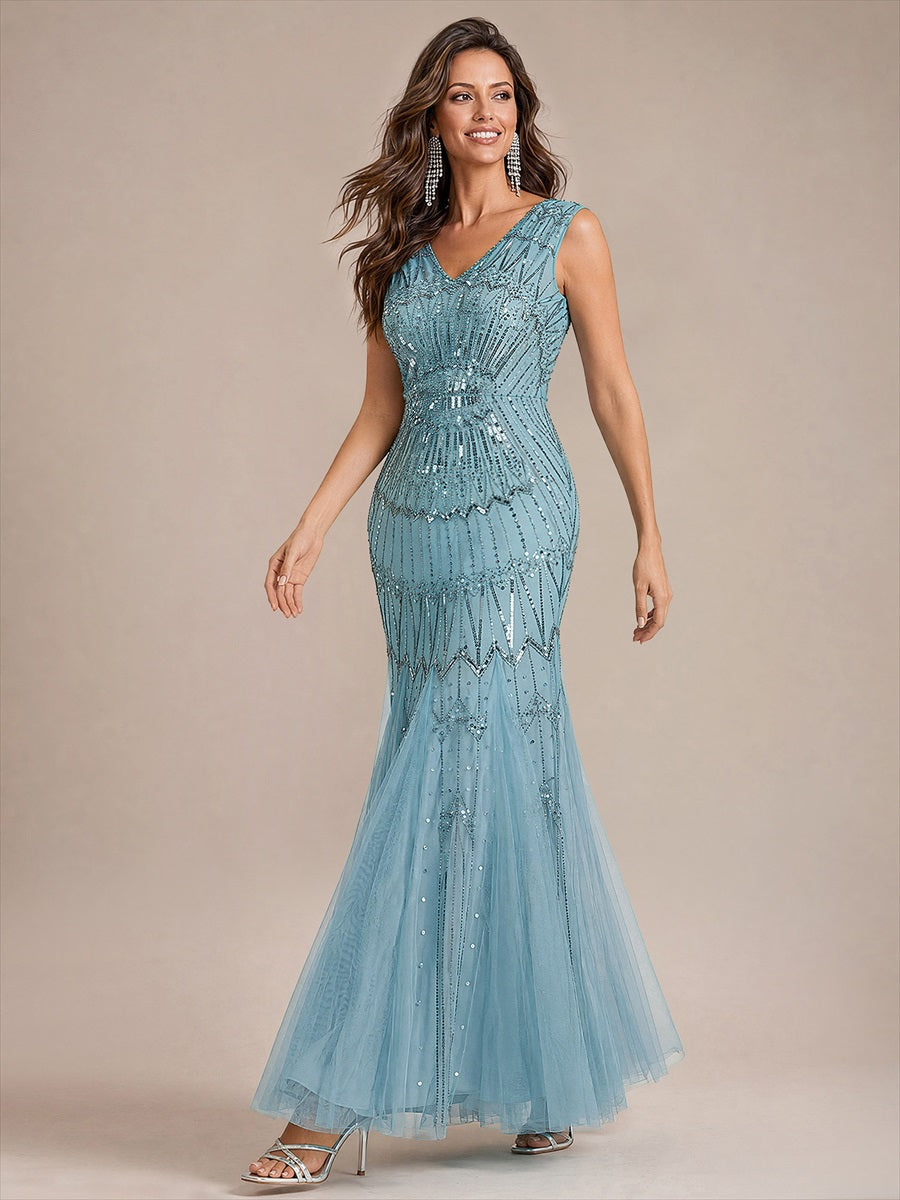 Beaded Sequin Tulle Sleeveless Maxi Evening Dress #color_Sky Blue