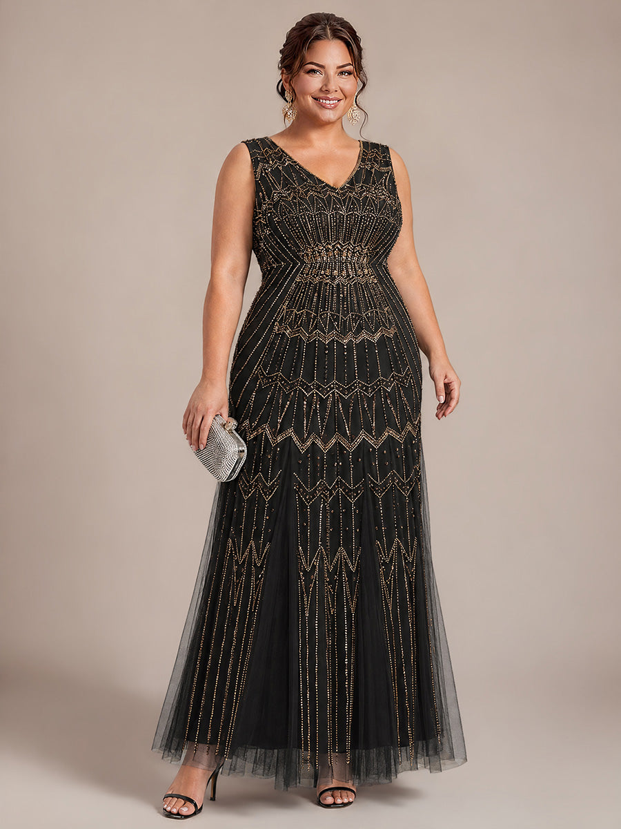 Beaded Sequin Tulle Sleeveless Maxi Evening Dress #color_Black & Gold