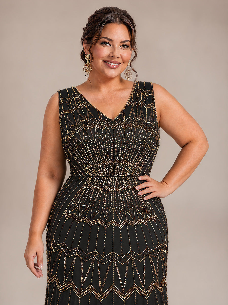 Plus Size Beaded Sequin Sleeveless Maxi Evening Dress #color_Black & Gold