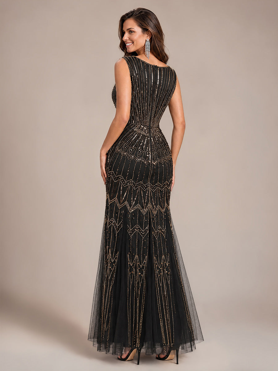 Beaded Sequin Tulle Sleeveless Maxi Evening Dress #color_Black & Gold