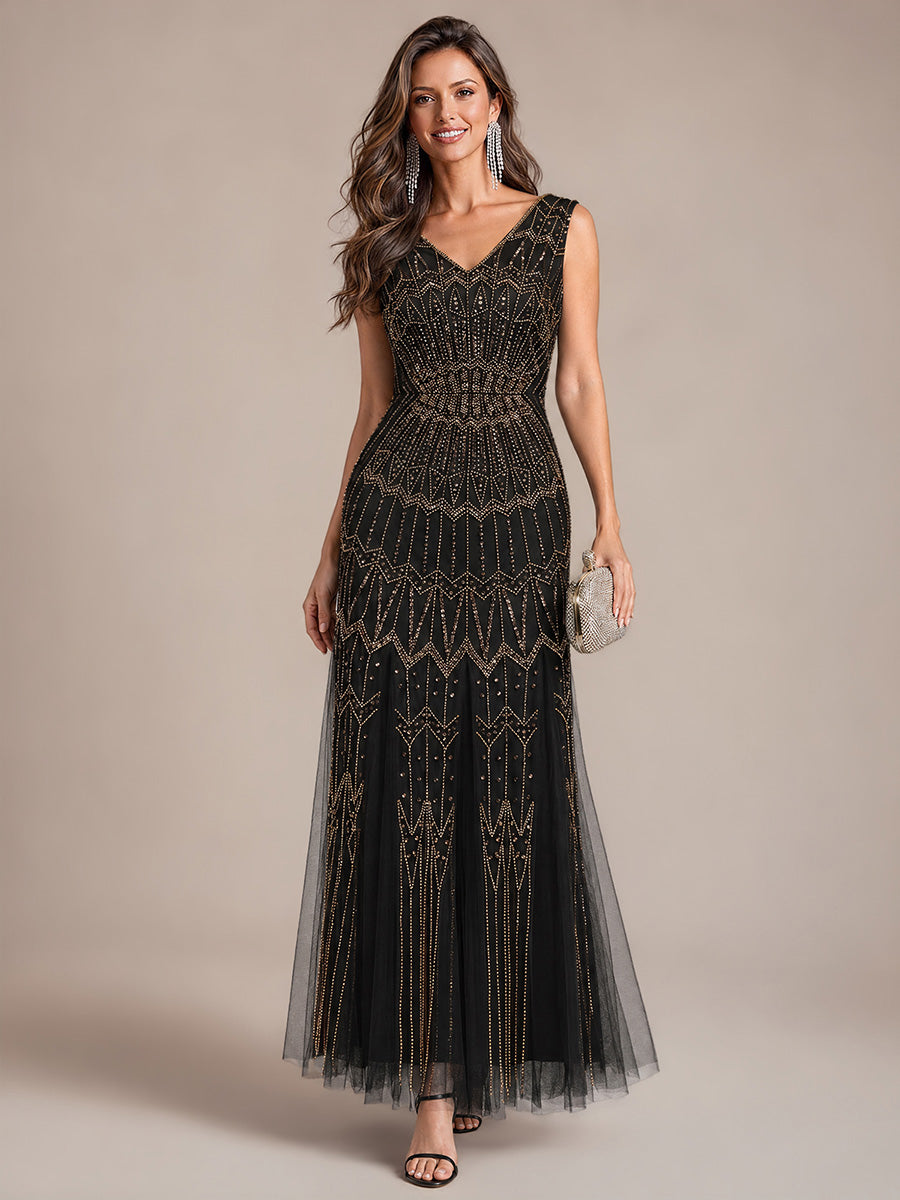 Beaded Sequin Tulle Sleeveless Maxi Evening Dress #color_Black & Gold