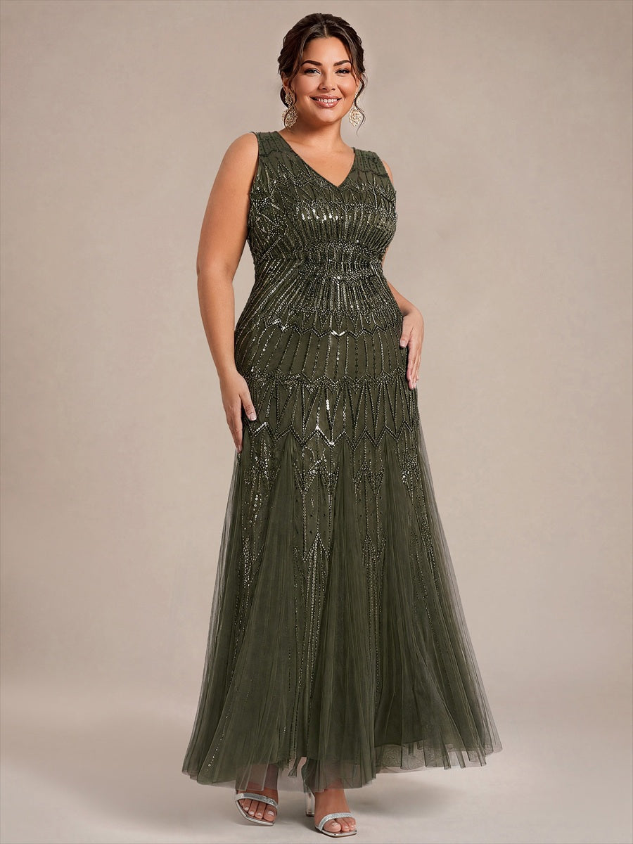 Beaded Sequin Tulle Sleeveless Maxi Evening Dress #color_Olive Green