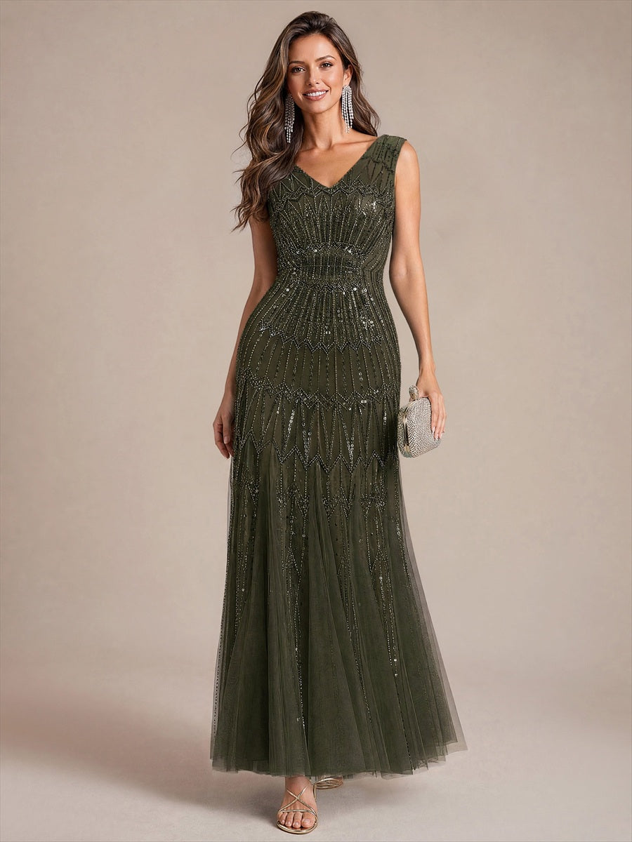 Beaded Sequin Tulle Sleeveless Maxi Evening Dress #color_Olive Green