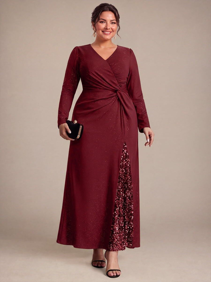 Sequin Knit Long Sleeve Evening Dress #color_Burgundy