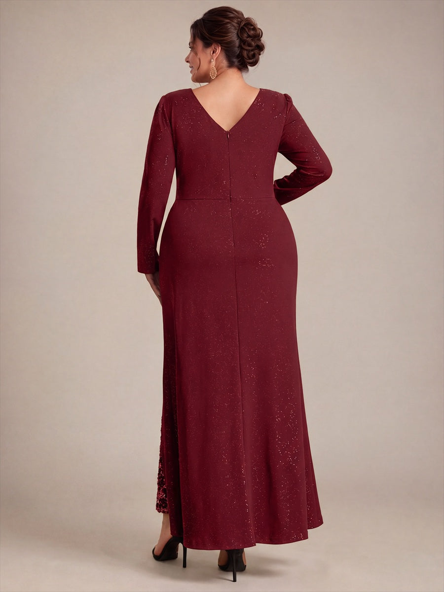 Sequin Knit Long Sleeve Evening Dress #color_Burgundy