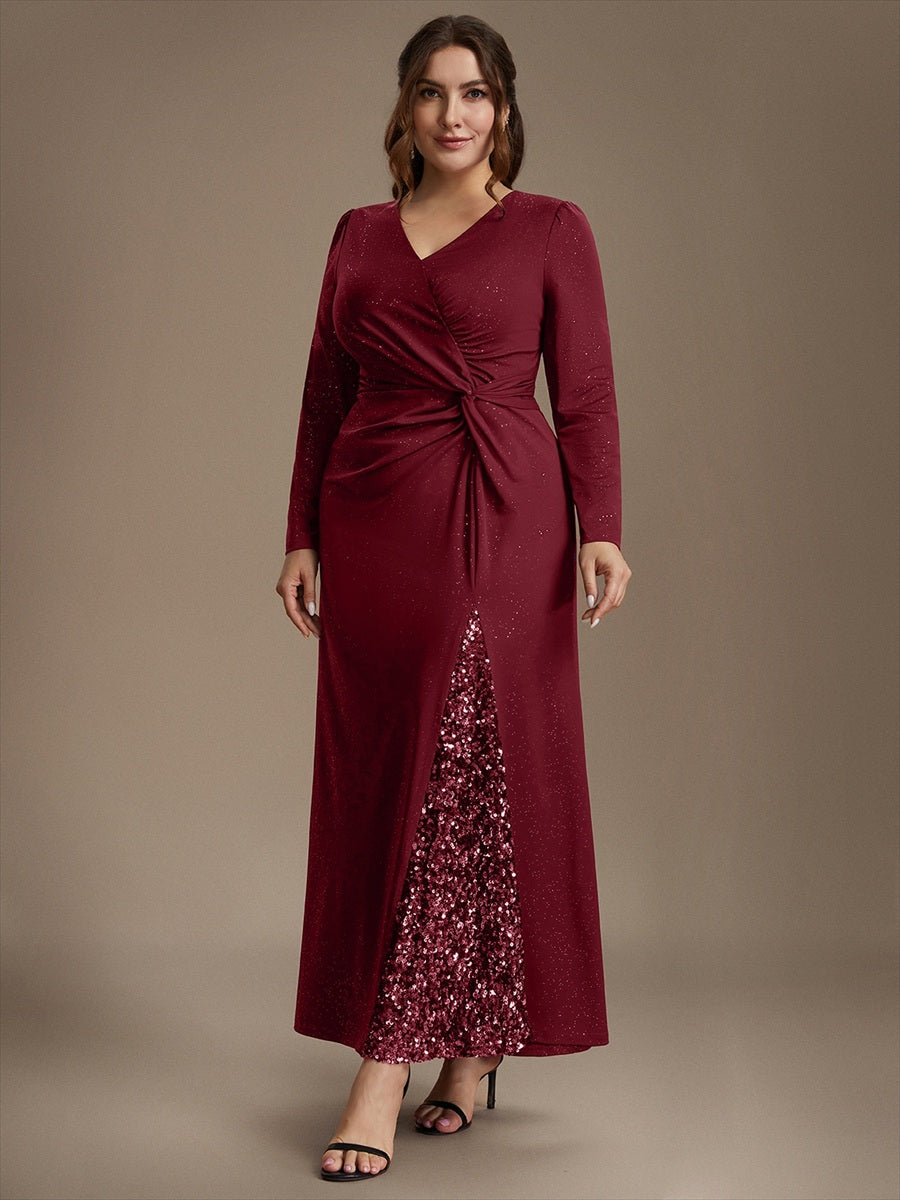 Sequin Knit Long Sleeve Evening Dress #color_Burgundy