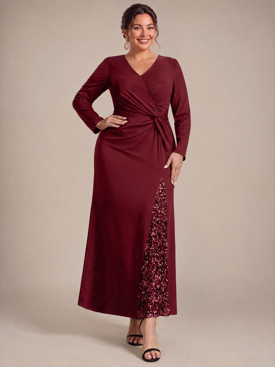 Sequin Knit Long Sleeve Evening Dress #color_Burgundy