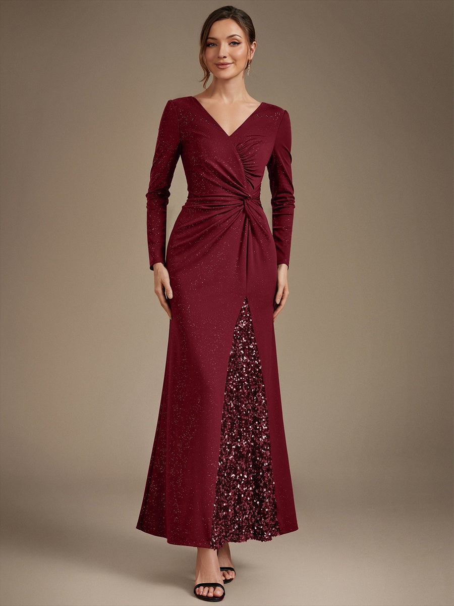 Sequin Knit Long Sleeve Evening Dress #color_Burgundy