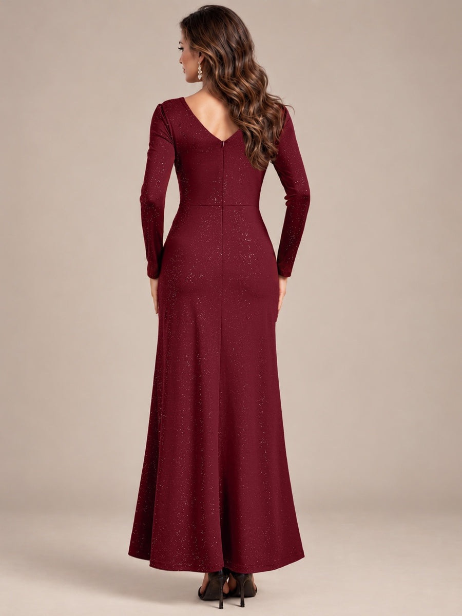 Sequin Knit Long Sleeve Evening Dress #color_Burgundy
