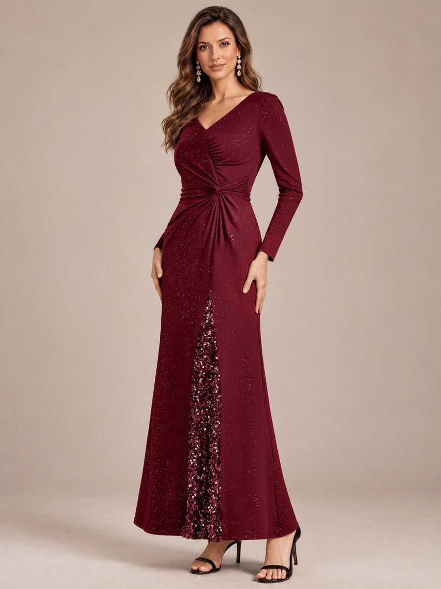 Sequin Knit Long Sleeve Evening Dress #color_Burgundy