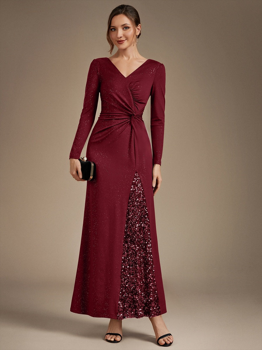 Sequin Knit Long Sleeve Evening Dress #color_Burgundy