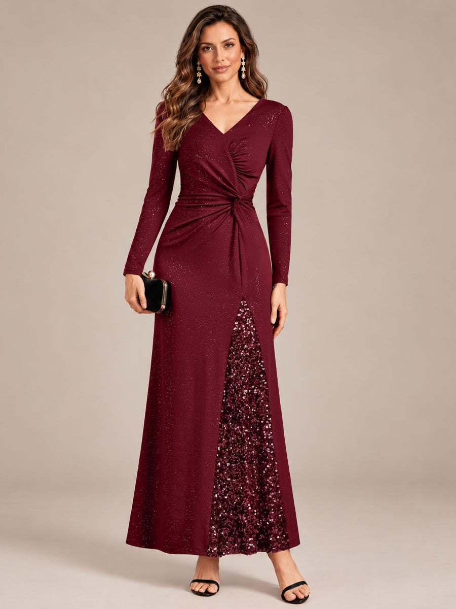 Sequin Knit Long Sleeve Evening Dress #color_Burgundy