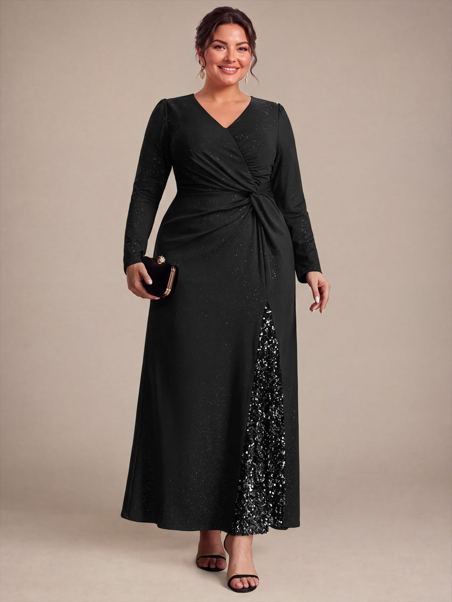 Sequin Knit Long Sleeve Evening Dress #color_Black