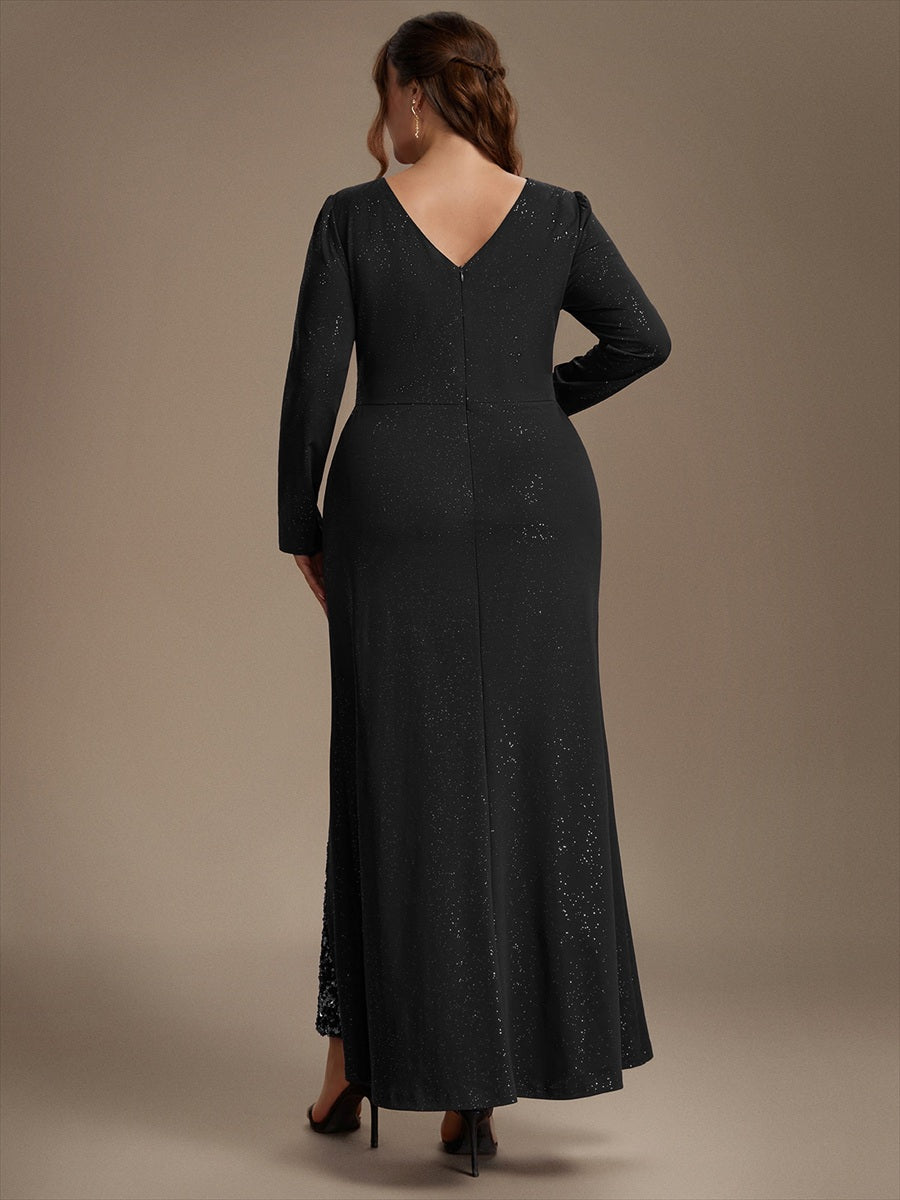 Sequin Knit Long Sleeve Evening Dress #color_Black