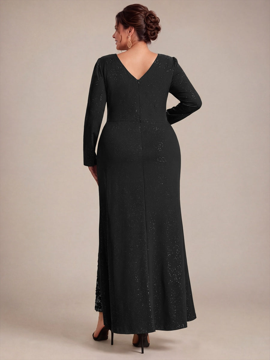 Sequin Knit Long Sleeve Evening Dress #color_Black
