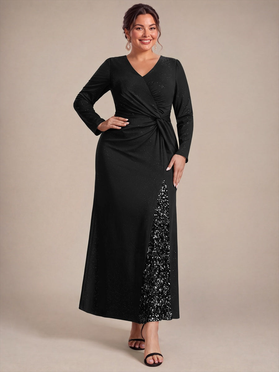 Sequin Knit Long Sleeve Evening Dress #color_Black