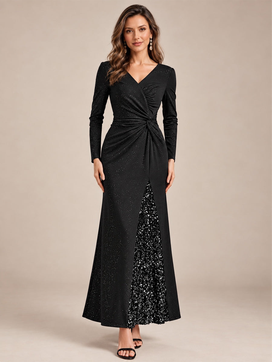 Sequin Knit Long Sleeve Evening Dress #color_Black