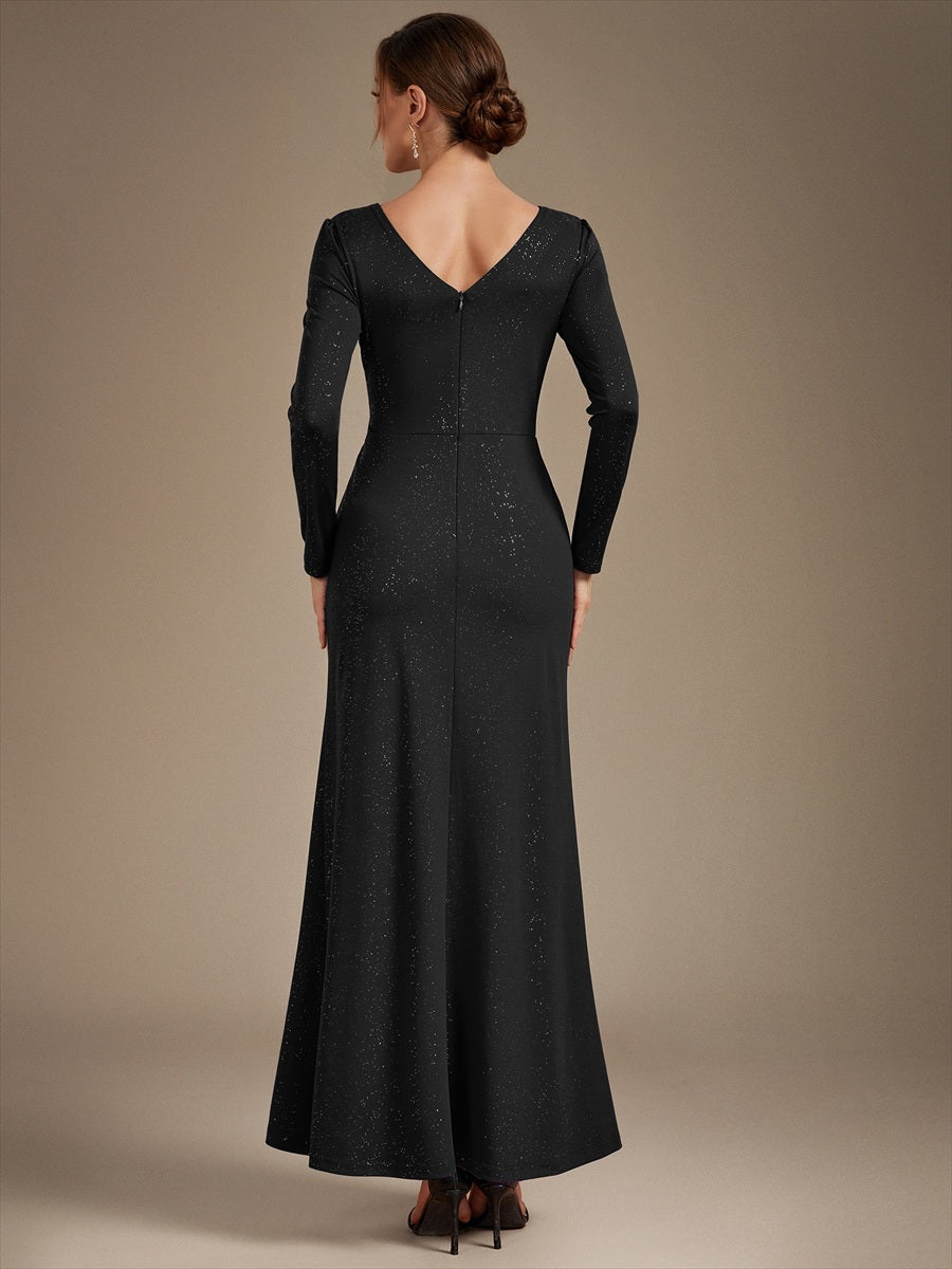 Sequin Knit Long Sleeve Evening Dress #color_Black