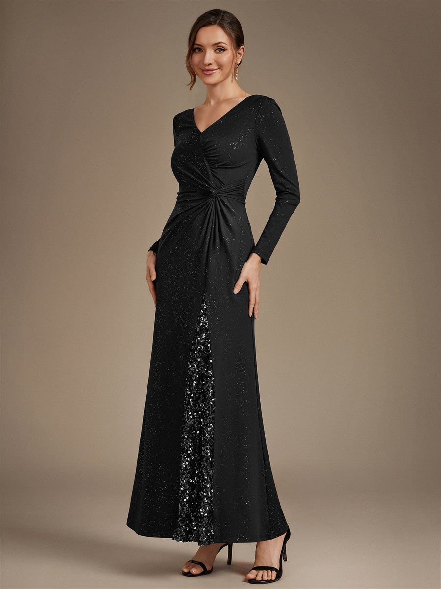 Sequin Knit Long Sleeve Evening Dress #color_Black