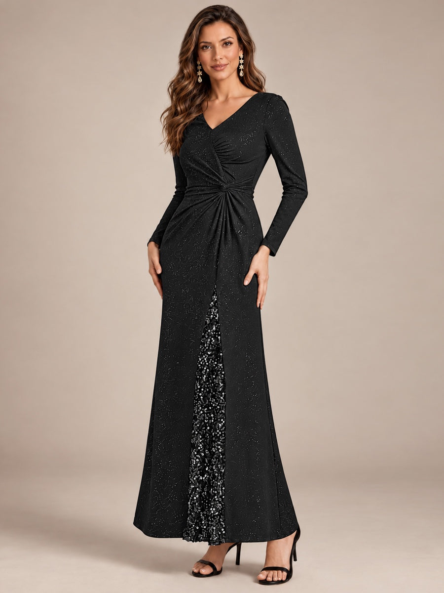 Sequin Knit Long Sleeve Evening Dress #color_Black