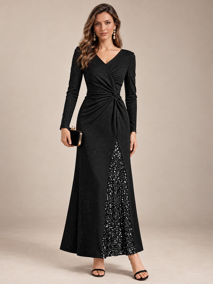 Sequin Knit Long Sleeve Evening Dress #color_Black