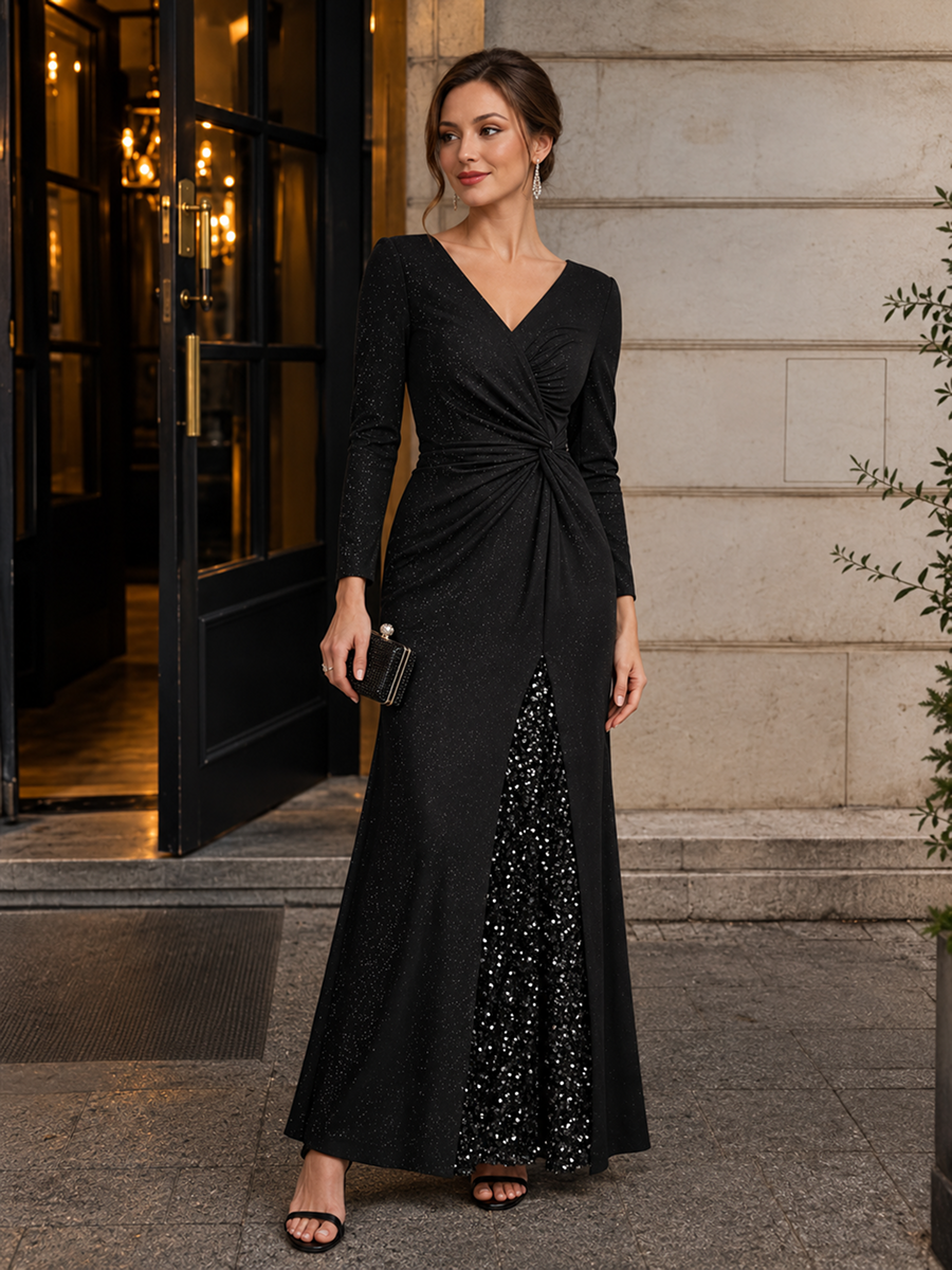 Sequin Knit Long Sleeve Evening Dress #color_Black
