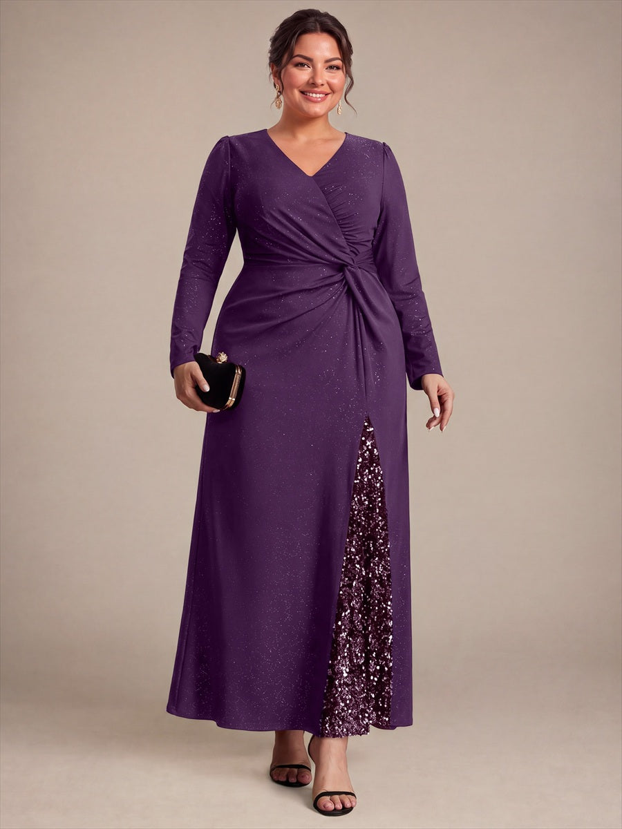 Sequin Knit Long Sleeve Evening Dress #color_Dark Purple