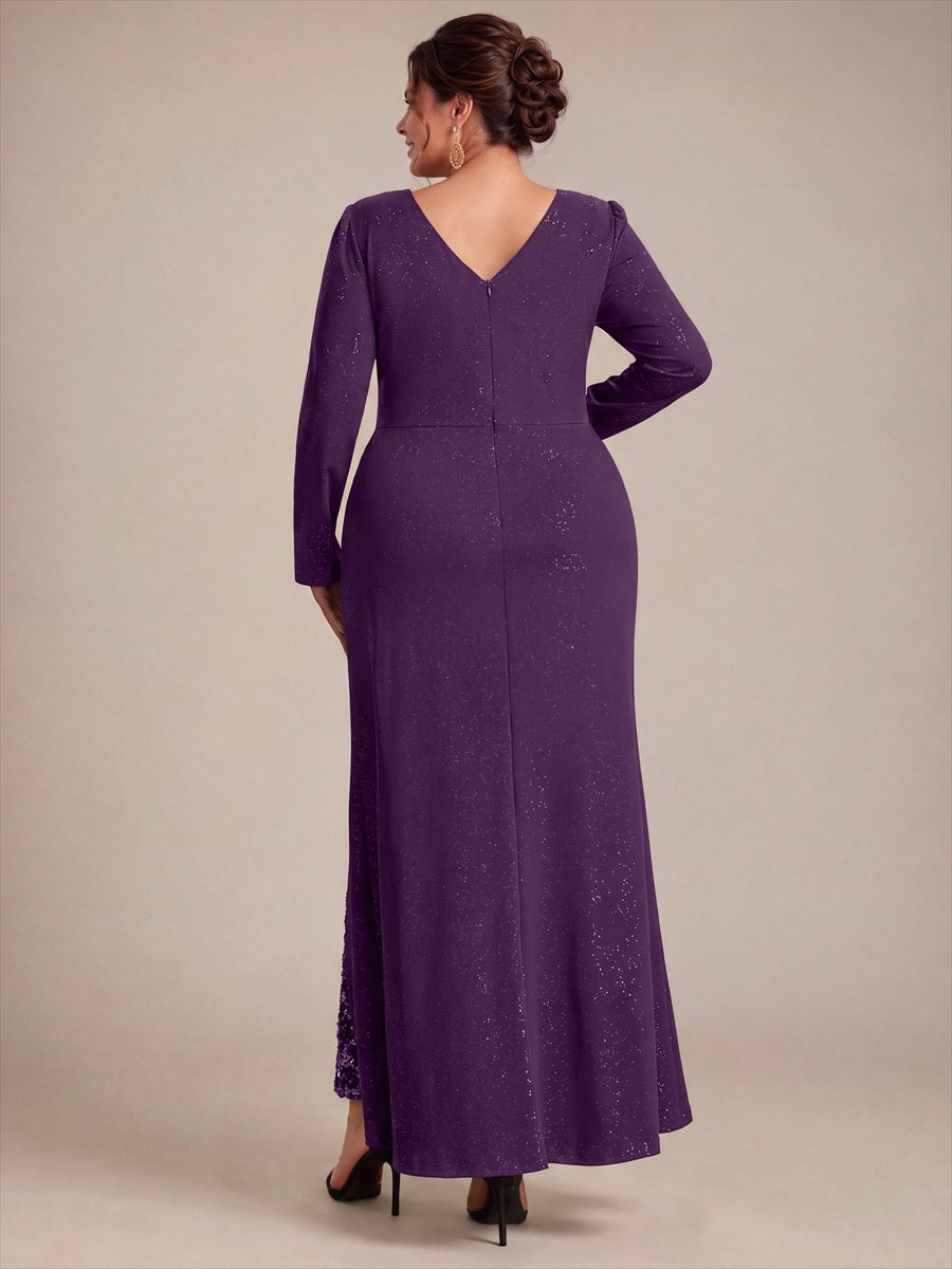 Plus Size Sequin Knit Evening Dress #color_Dark Purple