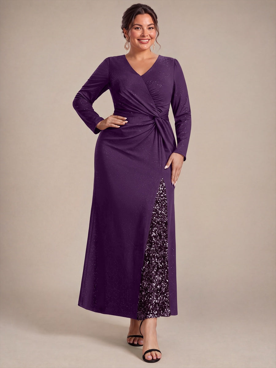 Sequin Knit Long Sleeve Evening Dress #color_Dark Purple