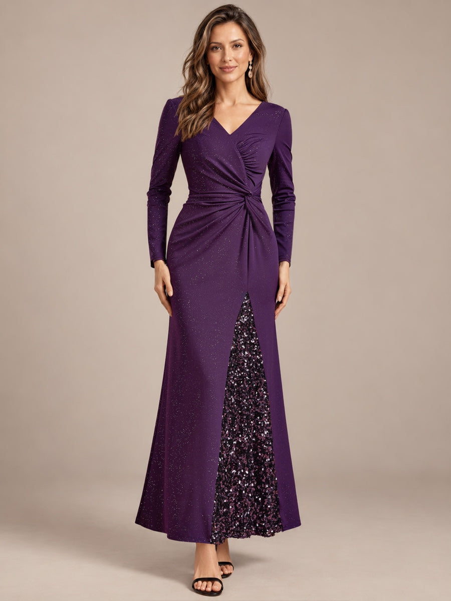 Sequin Knit Long Sleeve Evening Dress #color_Dark Purple