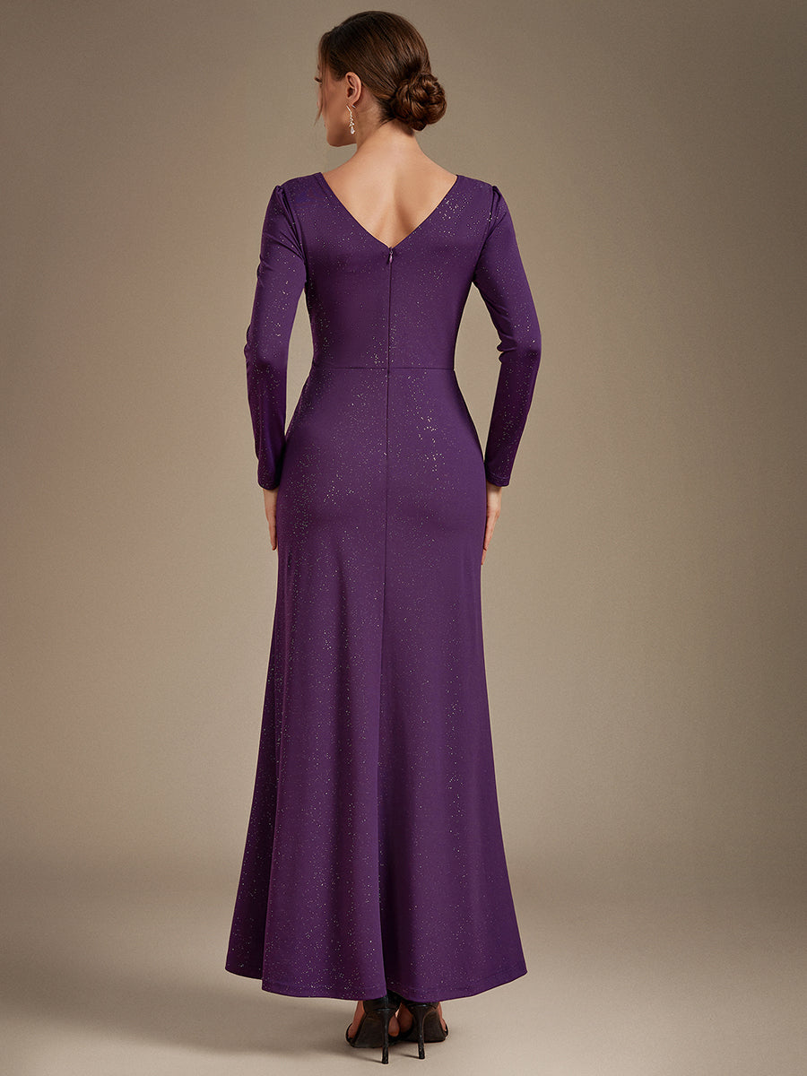Sequin Knit Long Sleeve Evening Dress #color_Dark Purple