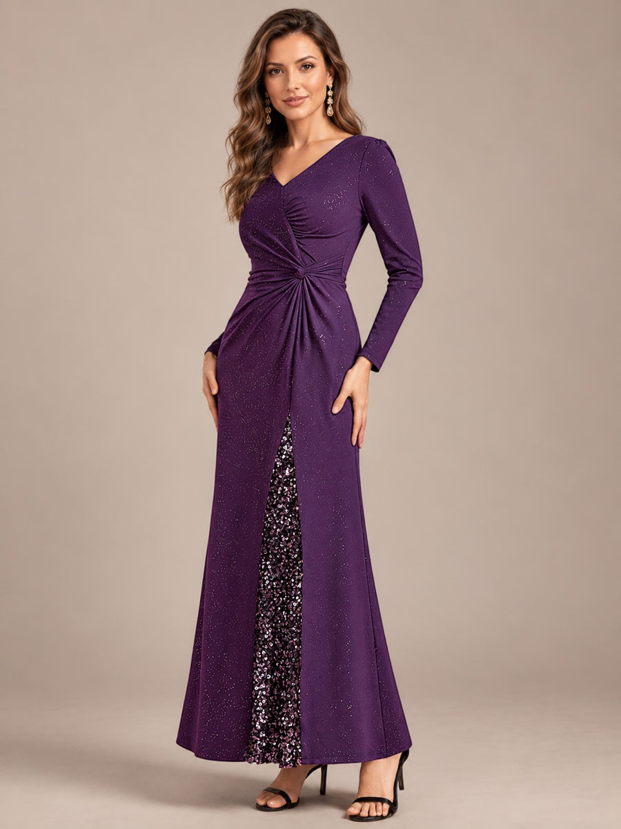 Sequin Knit Long Sleeve Evening Dress #color_Dark Purple